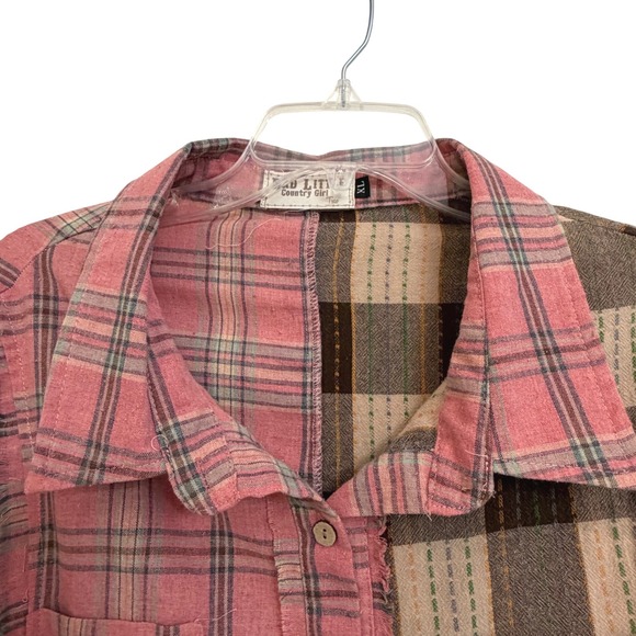 Bad Little Country Girl Tina Patchwork Plaid Boho Western Pink Brown XL Frayed - Picture 2 of 7
